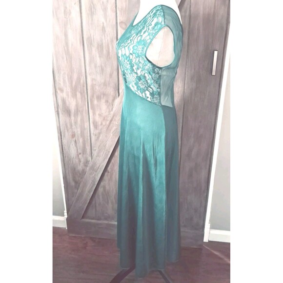 VTG Adonna Nightgown Slip Dress Med Green Sheer Lace Bodice Crisscross Coquette - Picture 8 of 14